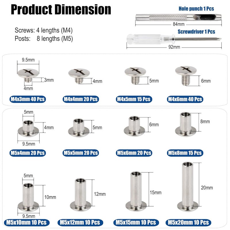 LBYNKY 115 Sets Chicago Screws Kit for Leather Crafts, 304 Stainless Steel Binding Screws Rivet, 8 Sizes (M5x4/5/6/8/10/12/15/20mm) Binding Post with Tools for DIY Projects, Belts, Books & Repairs - Image 2